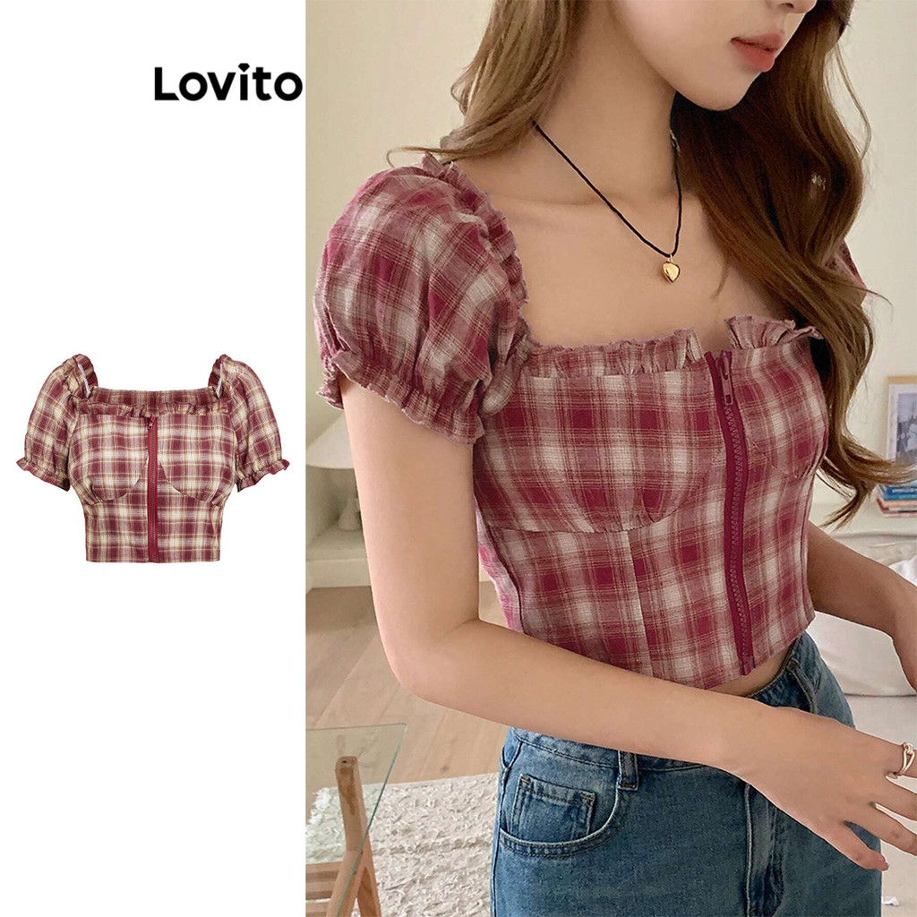 Lovito เสื้อเบลาส์แต่งขอบลายตารางหมากรุกแบบซิปสำหรับผู้หญิง L108ED861