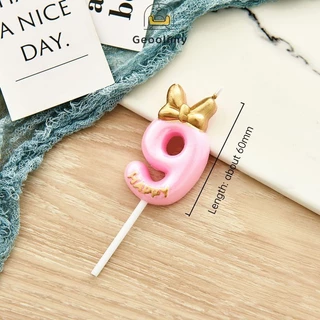 เทียนวันเกิด เทียนโบว์ สีชมพูน่ารัก เบอร์ 0-9 สําหรับตกแต่งเค้กวันเกิด ขนม ✨Geoo