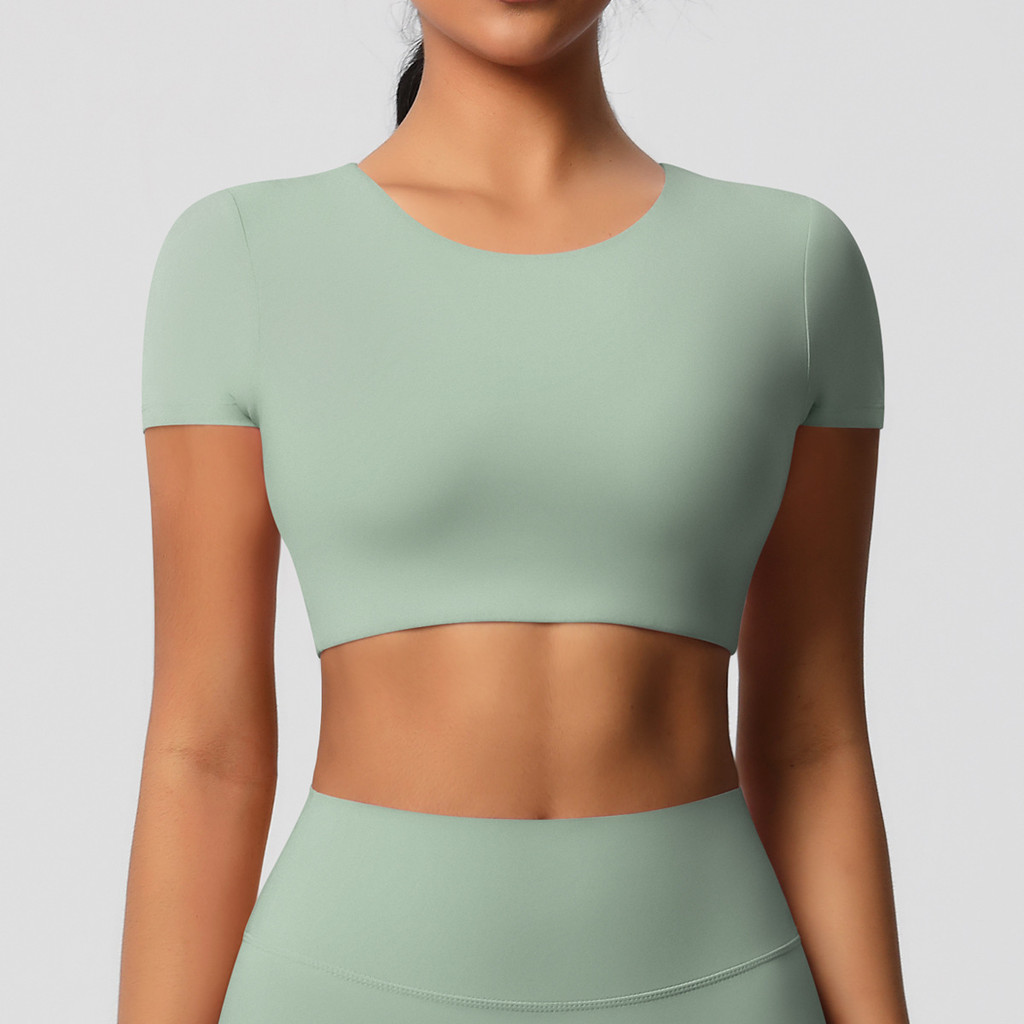 Yoga Sports T-shirt Padded Crop Top Short Sleeves Moisture-wicking — صورة 8