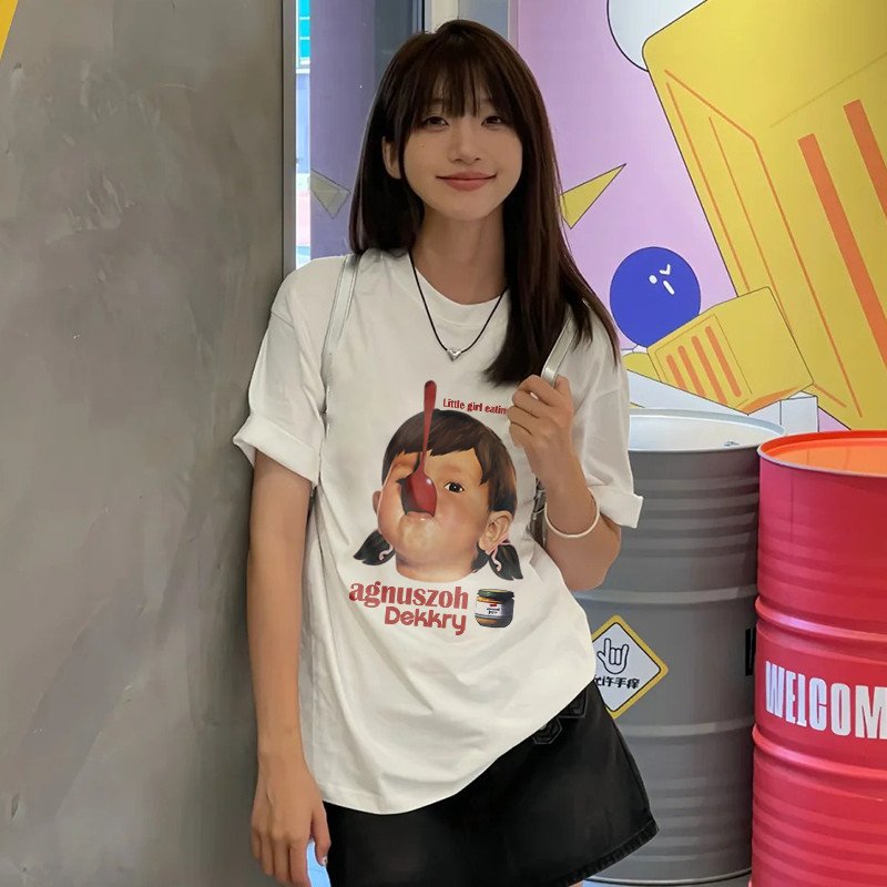 เสื้อยืดผู้หญิงสไตล์เกาหลี เนือ้ผ้าน้ำหนักเบา เสื้อ oversize(S-3XL) การ์ตูน คอเสื้อ เสื้อยืด cotton 100% S-3XL