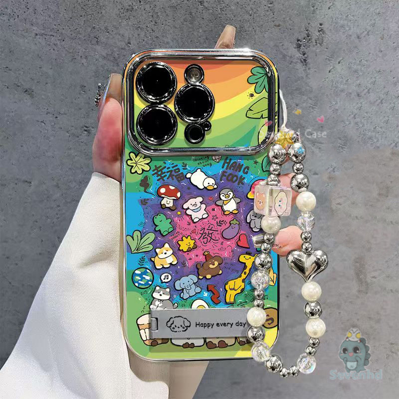 ปลอกสําหรับiphone 11 7 8 6 6s Plus 16 15 14 13 12 Pro Xr X Xs Max Insการ์ตูนน่ารักRainbow Jellycatเคสโทรศัพท์ + ผู้ถือ + เชือกเส้นเล็กชุบหรูหรากันกระแทกปกหลังป้องกัน