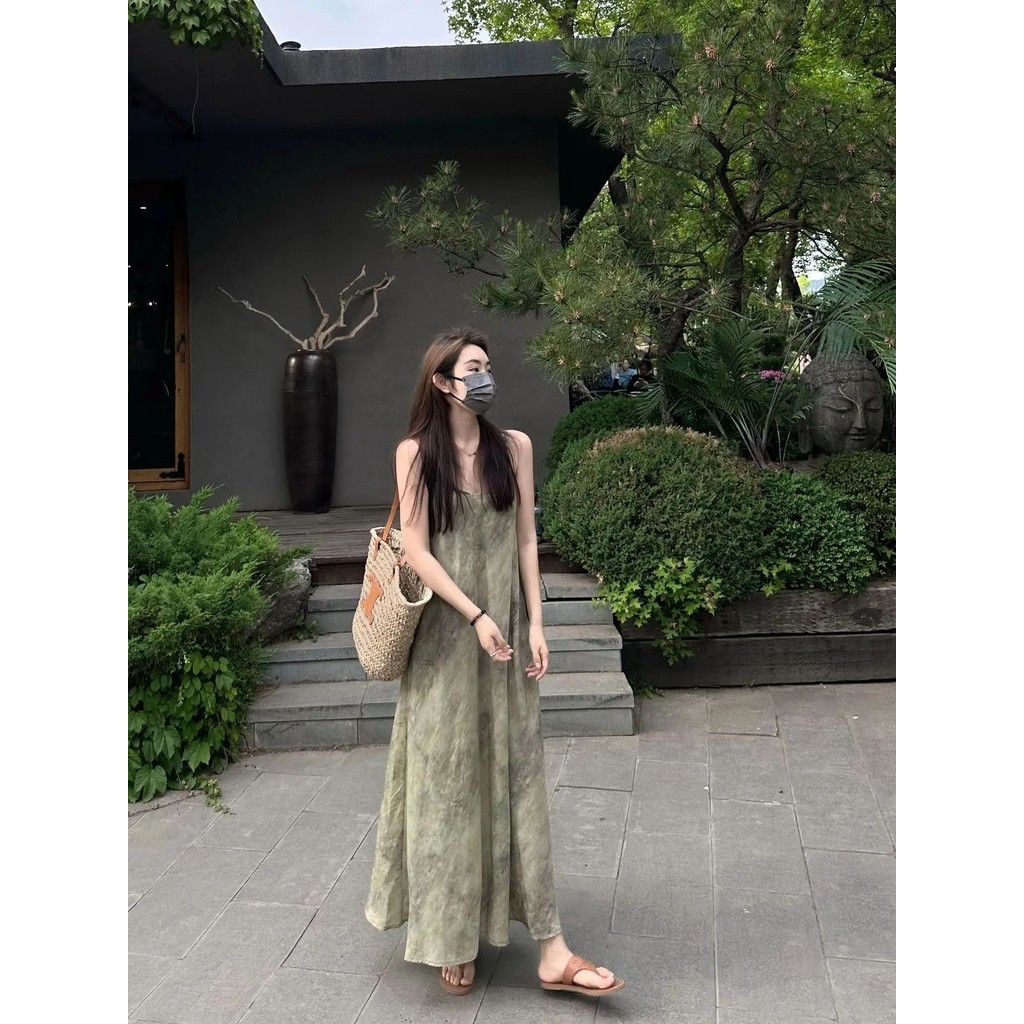 ที่เรียบง่ายอเนกประสงค์สไตล์ขี้เกียจสบายๆชุดสลิงผู้หญิงฤดูร้อนสไตล์ใหม่ความรู้สึกการออกแบบเก๋รอยเปื้อนวันหยุดสไตล์กระโปรงยาวปานกลางเสื้อผ้าผู้หญิงอินเทรน