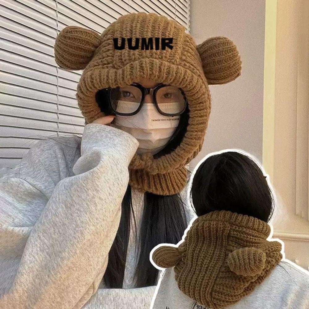 ยูมิร์ หมวกถักสวมหัว, หมีน้อยหู กันลม อบอุ่นไหมพรมหมวก,น่ารักนุ่มอุ่นฤดูหนาวตุ๊กตาแบบบูรณาการหมวกเล่นสกีจักรยานขี