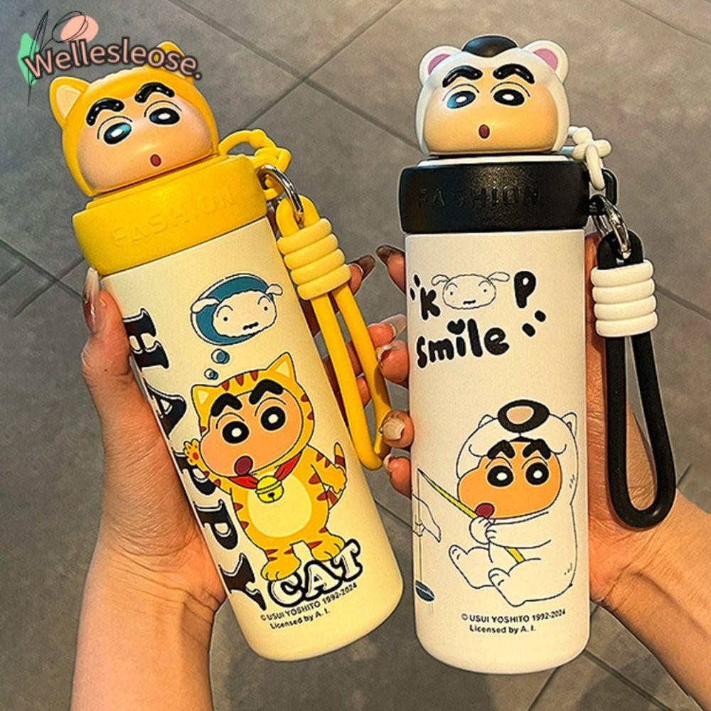 Welle แก้วเก็บความร้อนเครยอนชินจัง, 460ML 304 สแตนเลสถ้วยสูญญากาศ, ฟาง/ด้ามจับ Crayon Shin-chan ถ้วยฟางความจุขนาดใหญ่