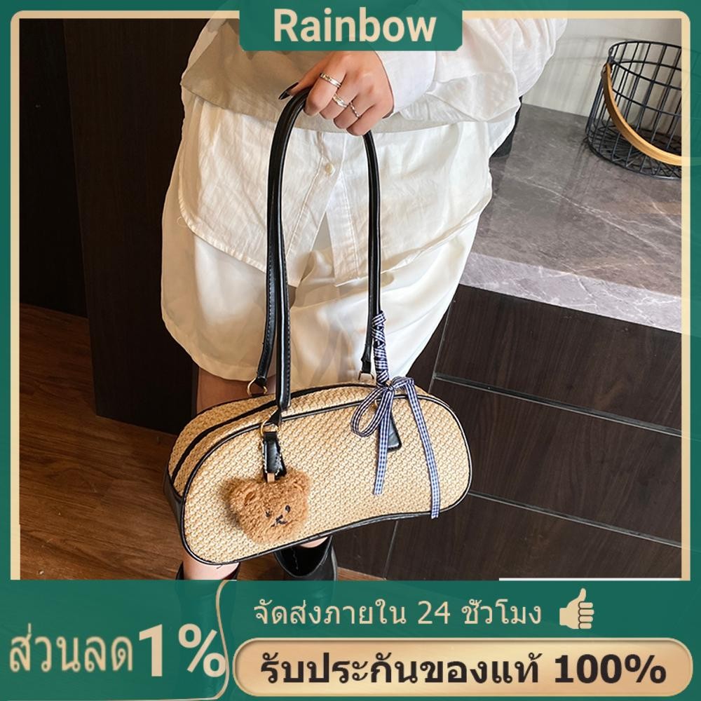 Straw Beach Bag Casual Beach Tote Bag กระเป๋าสะพายไหล่สําหรับผู้หญิงวันหยุดท่องเที่ยว