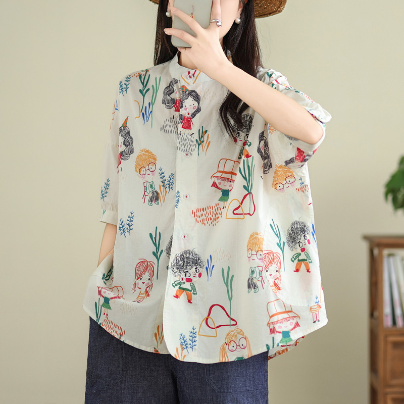 90 กก. สวมใส่ได้ขนาดบวกเสื้อผู้หญิงฤดูร้อนยืนขึ้นปกสนุกพิมพ์หลวมสบายๆครึ่งแขนขนาดบวกTop