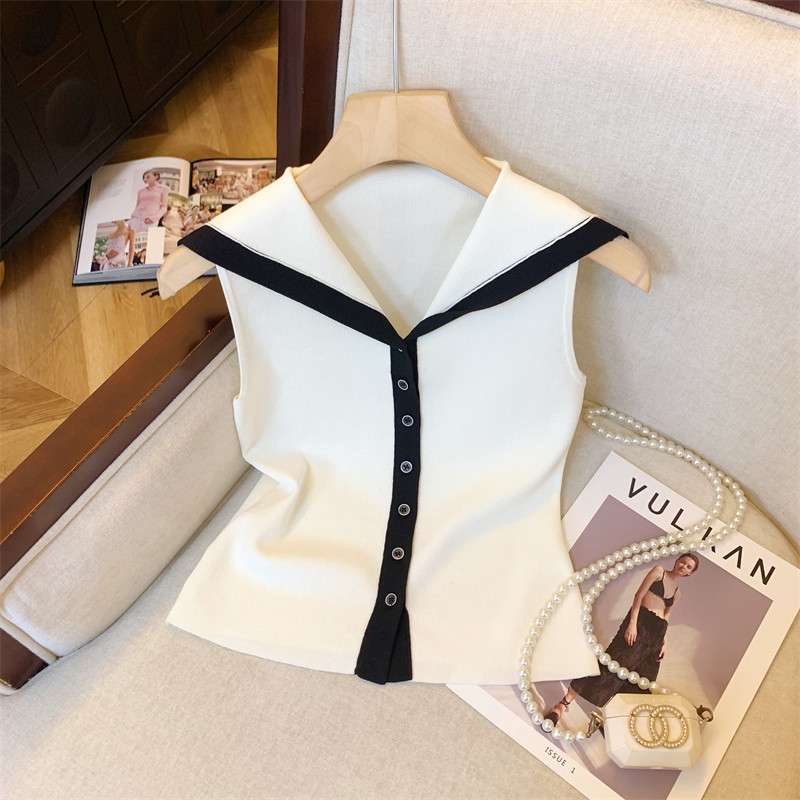 COCO-เสื้อสุภาพสตรี ปลอกคอกองทัพเรือ สีทึบ ประเภทรุ่น Slim Fit รุ่นสั้น ความเรียบง่าย หวาน อ่อนโยน แฟชั่นฤดูร้อน แผนกฮัน