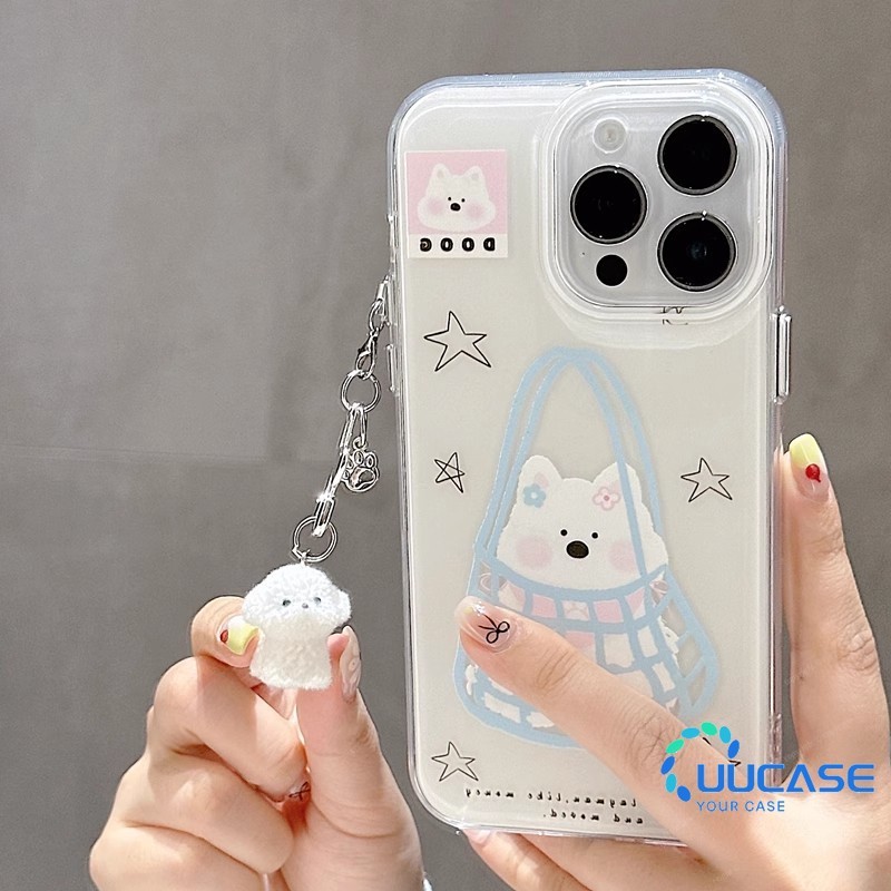 เคสโทรศัพท์สําหรับiPhone 11 12Pro 13 14Plus 15Pro Max 16Plus 16Pro XR XS Max 7 8Plusพร้อมห่วงโซ่สุนัขสาวสร้างสรรค์โทรศัพท์สุทธิรูปสุนัขBB