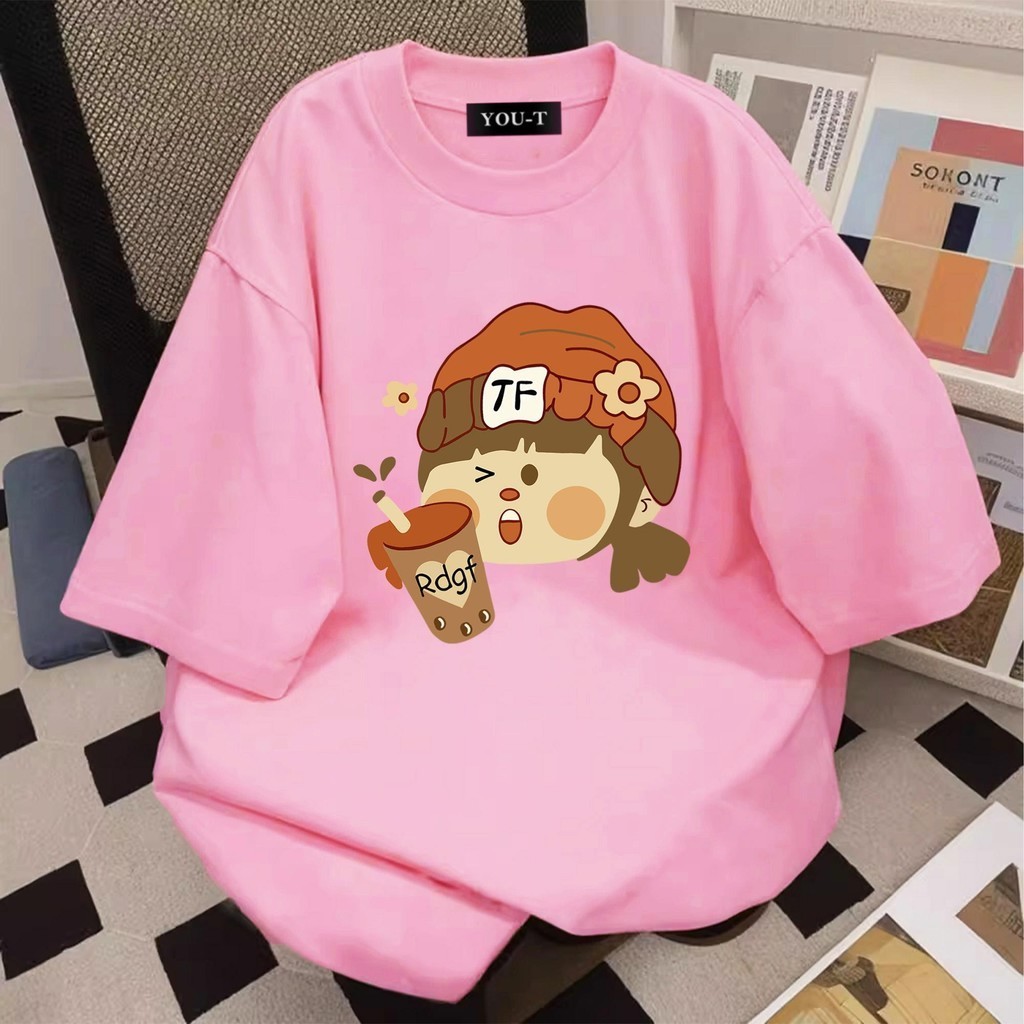 Um🎀  ผู้หญิง เสื้อยืด oversize เกรดพรีเมียม เสื้อคอตตอน100% ไม่หดตัว ใส่สบาย การ์ตูนน่ารัก ลาย "Girl