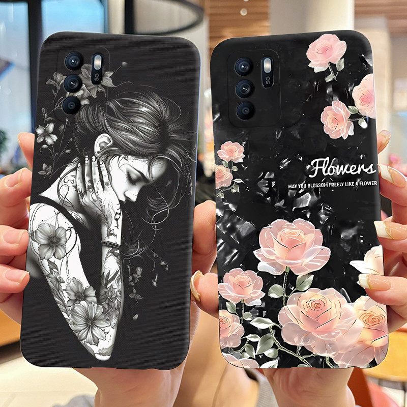 สําหรับ OPPO Reno6 Z 5G CPH2237 เคสโทรศัพท์ดอกไม้น่ารัก Tattooed สาวการ์ตูนปกหลัง Reno 6Z 6 Z Reno6Z Matte ซิลิโคนนุ่ม TPU กรณี