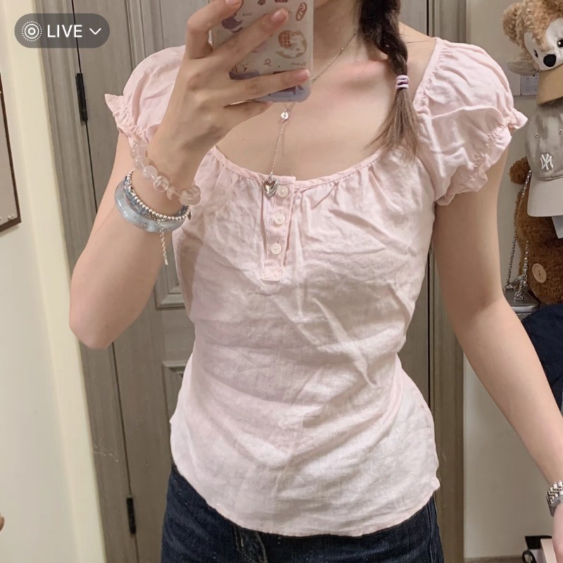 vicky~คอกลม สีทึบ แขนสั้น เสื้อเชิ้ต วินเทจ เวอร์ชั่นเกาหลี