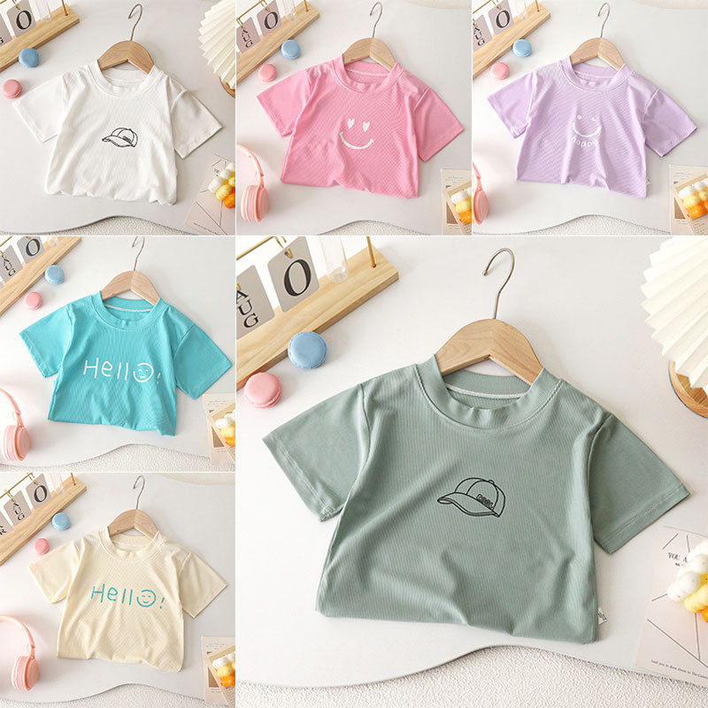 80-150 ฤดูร้อนเด็กชายและเด็กหญิงคอกลมแขนสั้นเสื้อยืดลูกอมน้ําแข็งผ้าไหมด้านบน 9-12เดือน 1ขวบ-7ขวบ