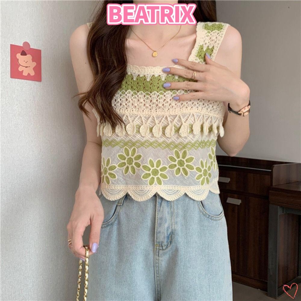 BEATRIX Crop Top, Retro ถักแขนกุด Vest, แฟชั ่ นเย ็ บปักถักร ้ อยรูปแบบ Elegant โครเชต ์ Tank Top โบฮีเมีย
