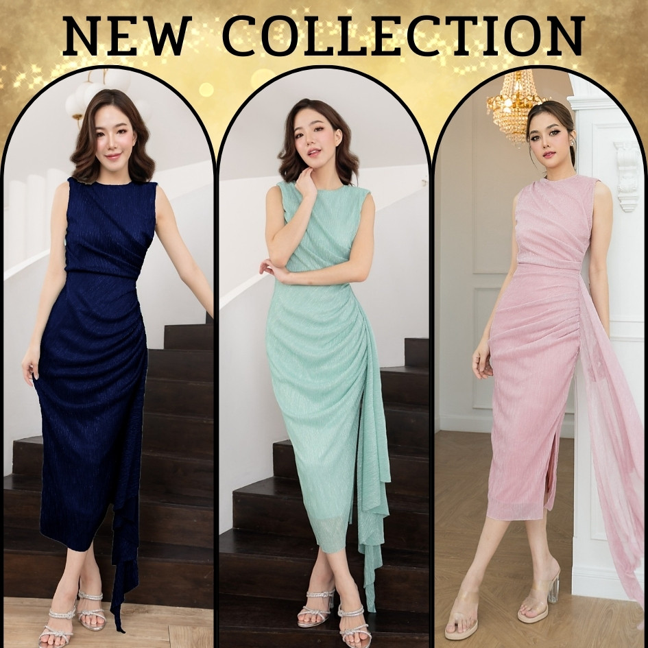 * S-XL 3 สี เดรสออกงาน สีชมพู สีน้ำเงิน สีเขียว ผ้ากลิตเตอร์ งานป้าย LUXE ชุดออกงาน ชุดเพื่อนเจ้าสาว🏡