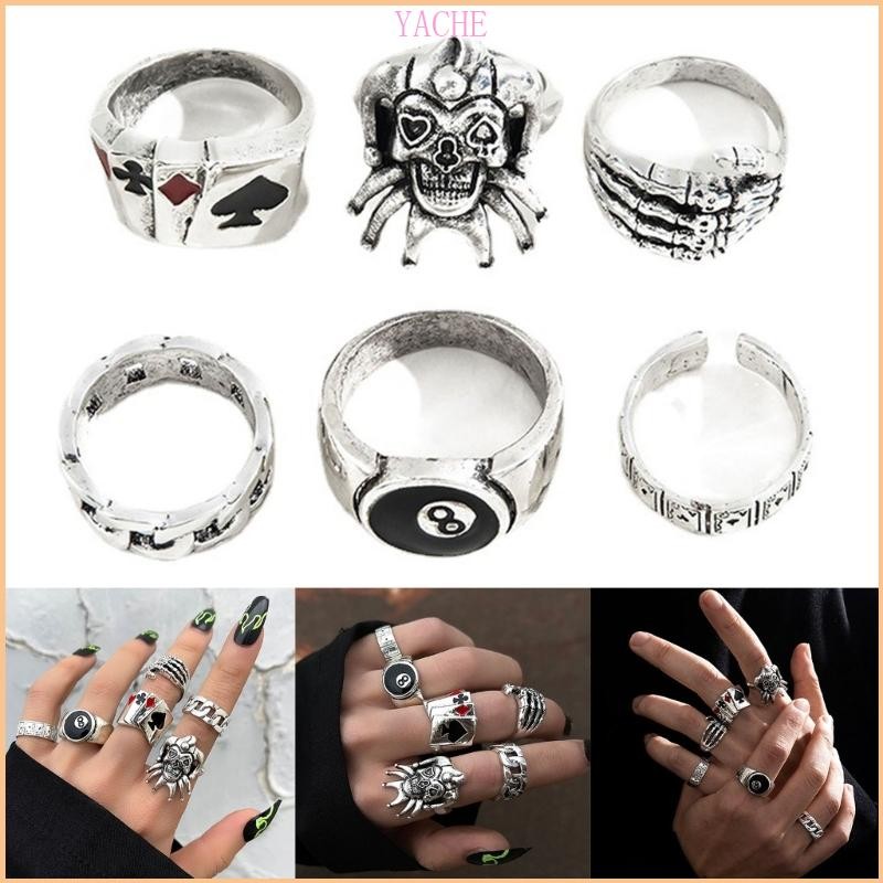 JACHE 6 ชิ้น Punk Exaggerate Skull Ghost-Claw Clown Number Joint-Ring