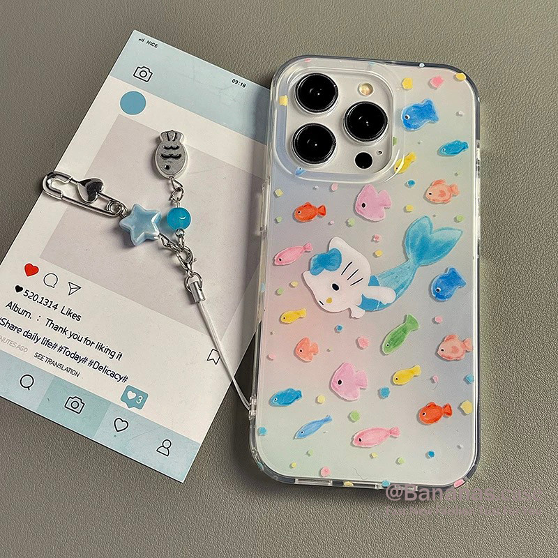 การ์ตูนแมวปลา + ขาตั้งเคสโทรศัพท์สําหรับ iPhone 16 15 14 13 12 11 Pro Max X Xr XsMax 7 8 Plus SE2020