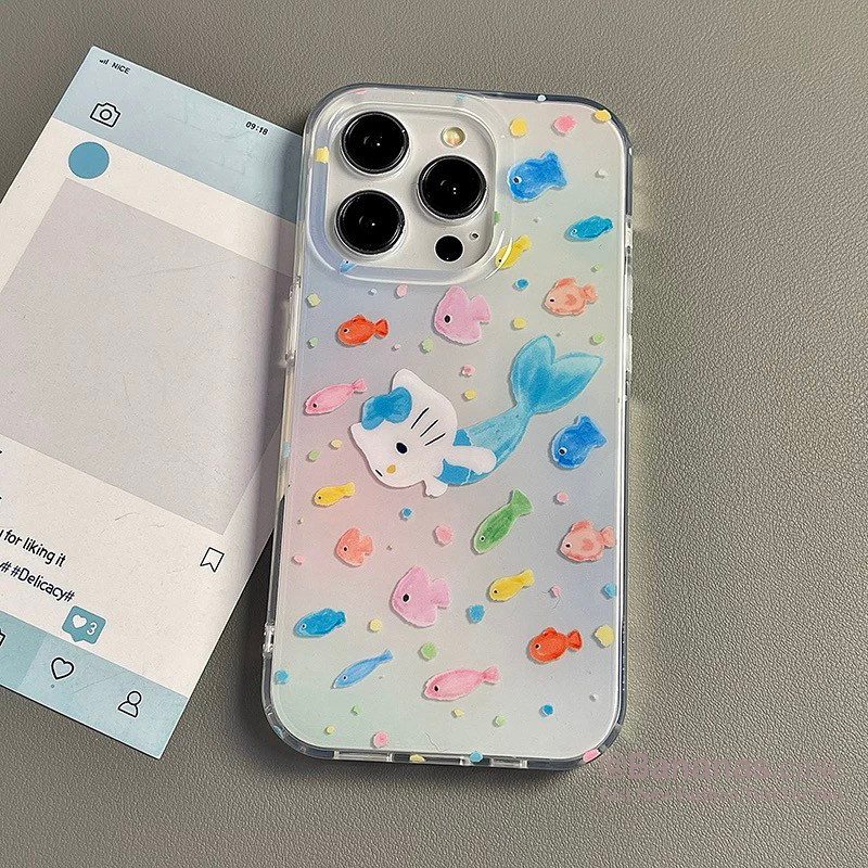 การ์ตูนแมวปลา + ขาตั้งเคสโทรศัพท์สําหรับ iPhone 16 15 14 13 12 11 Pro Max X Xr XsMax 7 8 Plus SE2020 - รูปที่ 2