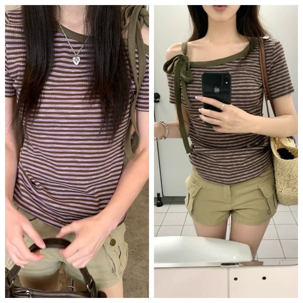 เสื้อยืดแขนสั้นสไตล์อเมริกันสำหรับผู้หญิงที่สะดวกสบาย ดีไซน์โชว์ไหล่