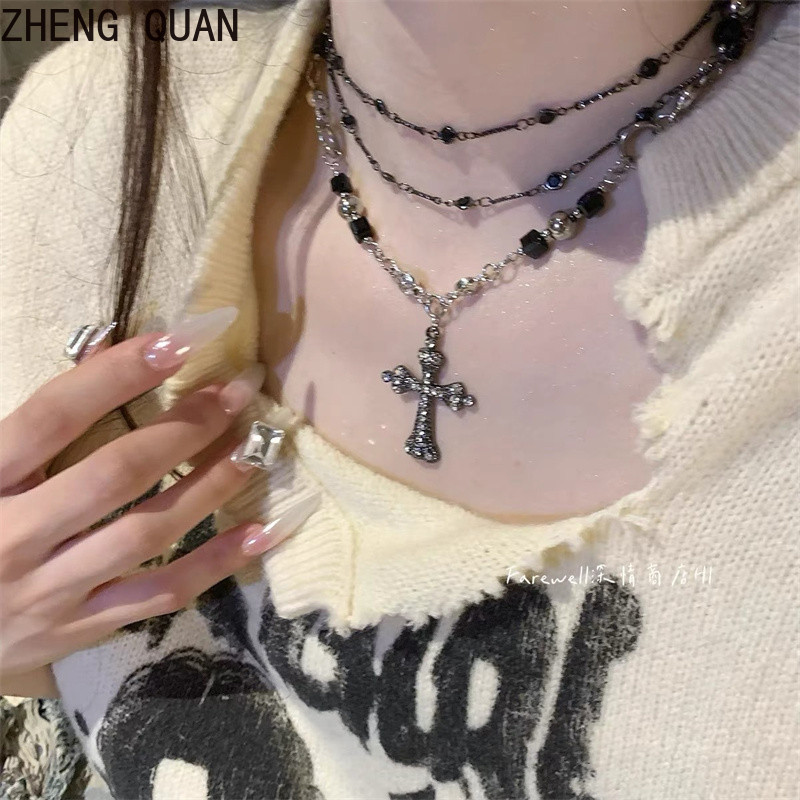 Unisex Streetwear เครื่องประดับ Dark Tone Cross จี้สร้อยคอหลายชั้นสําหรับ Gothic Hip-Hop สไตล์