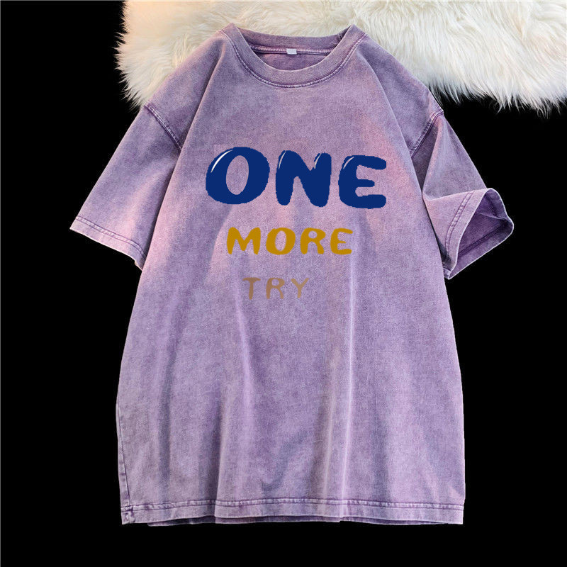 (จัดส่งตลอด 24 ชั่วโมง）Angle Official ล้างทำเก่าแขนสั้นเสื้อยืดผู้หญิงอเมริกันวินเทจยูโรสินค้าสีม่วงแขนครึ่งด้านบนที - รูปที่ 4