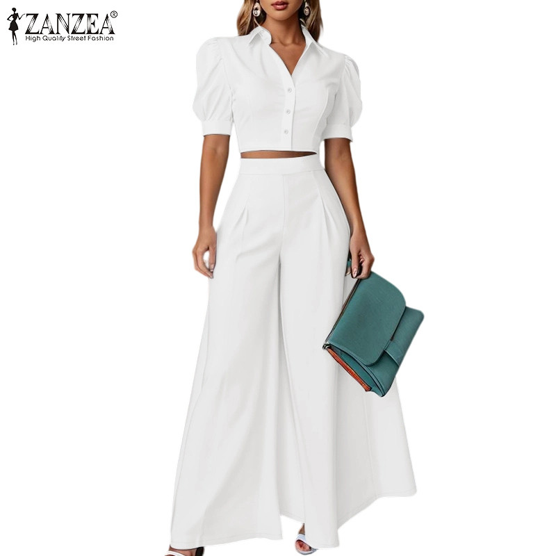 ZANZEA ผู้หญิงแฟชั่นพัฟแขนเสื้อแขนสั้นติดกระดุมชุดสูทกางเกงขากว้าง