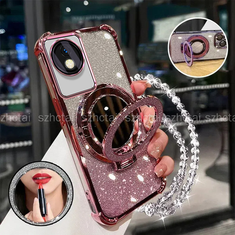 เคสสําหรับ Vivo Y02 Y02T T02A สี่มุมกันกระแทกเคสโทรศัพท์ 3D ที่วางกระจกแต่งหน้าสร้อยข้อมือใหม่ softcase