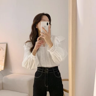Chili Koko เสื้อเชิ้ตแขนยาว คอวี พิมพ์ลายลูกไม้ แฟชั่นบอททอม สไตล์เกาหลี สําหรับผู้หญิง w608