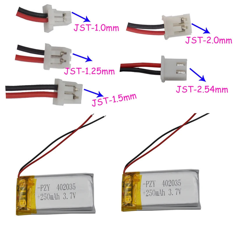 2pcs 3.7V 250 mAh402035 Polymer Li Lipo Battery JST 2Pin 1.0/1.25/1.5/2.0/2.54mm For GPS Camera MP3 