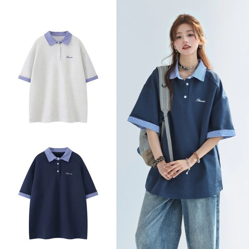 SUIKONE ซุยโคเนะ เสื้อโปโลลายสก๊อตประกบสไตล์วิทยาลัยอเมริกันฤดูร้อนสไตล์กลางปลอมเสื้อโปโลสองชิ้น