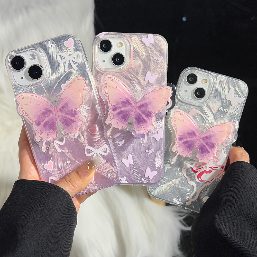 【ขาตั้งผีเสื้อ】Case เคส iPhone 16 11 13 15 14 12 Pro Max 15 Plus เคสไอโฟน11 16pro IMD เคสเลเซอร์ไล่ระดับ นุ่ม หรูหรา