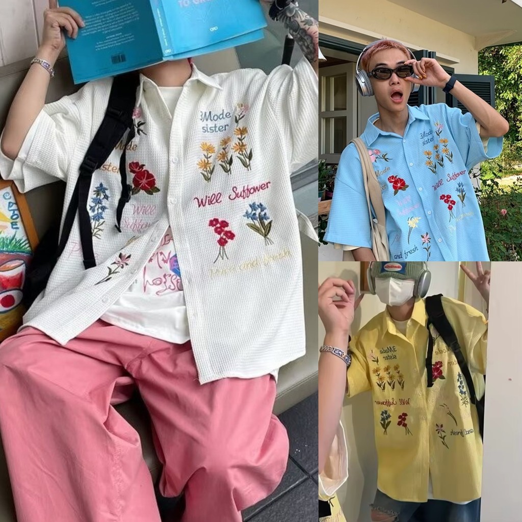 หลวมคู่อเมริกันย้อนยุควาฟเฟิลเสื้อเชิ้ตปักแขนสั้นลายดอกไม้สีสันสดใส