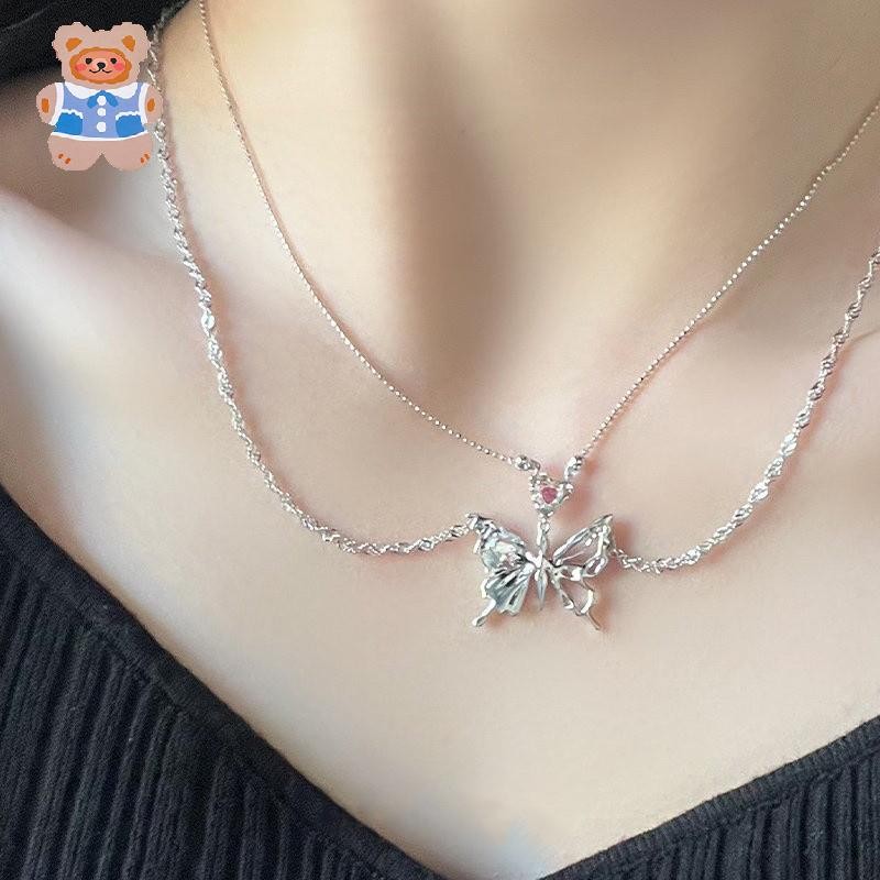[CSF]อุปกรณ์เสริมวินเทจความงามสร้อยคอจี้ผีเสื้อสําหรับผู้หญิงฮิปฮอปKpopโซ่คู่สร้อยคอหัวใจเครื่องประด