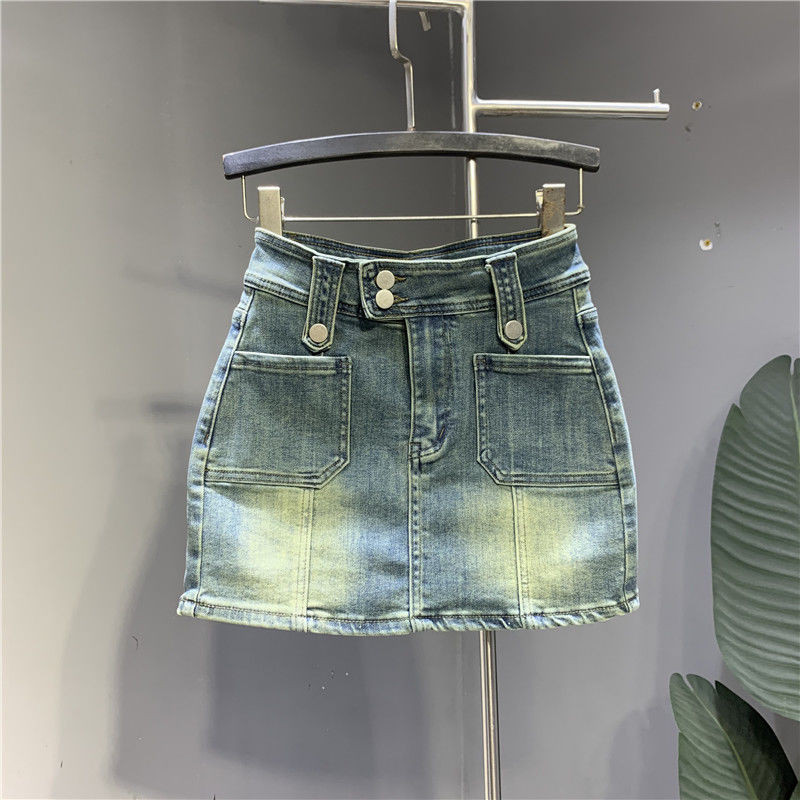 Retro Blue Denimกระโปรงผู้หญิงSlim-Fitยืดสไตล์ฮ่องกงสาวร้อนสไตล์ใหม่เอวสูงSlimmerดูA-Lineสั้นCulottes