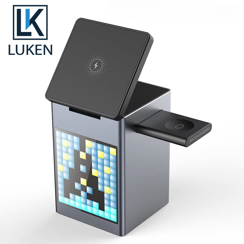 Luken ลําโพงบลูทูธ 6 in 1 Wireless Charger สําหรับ iPh 16 15 14 13 12 Fast Charging Station สําหรับ App นาฬิกา 9 8 7 6 5 4 พร้อมนาฬิกา