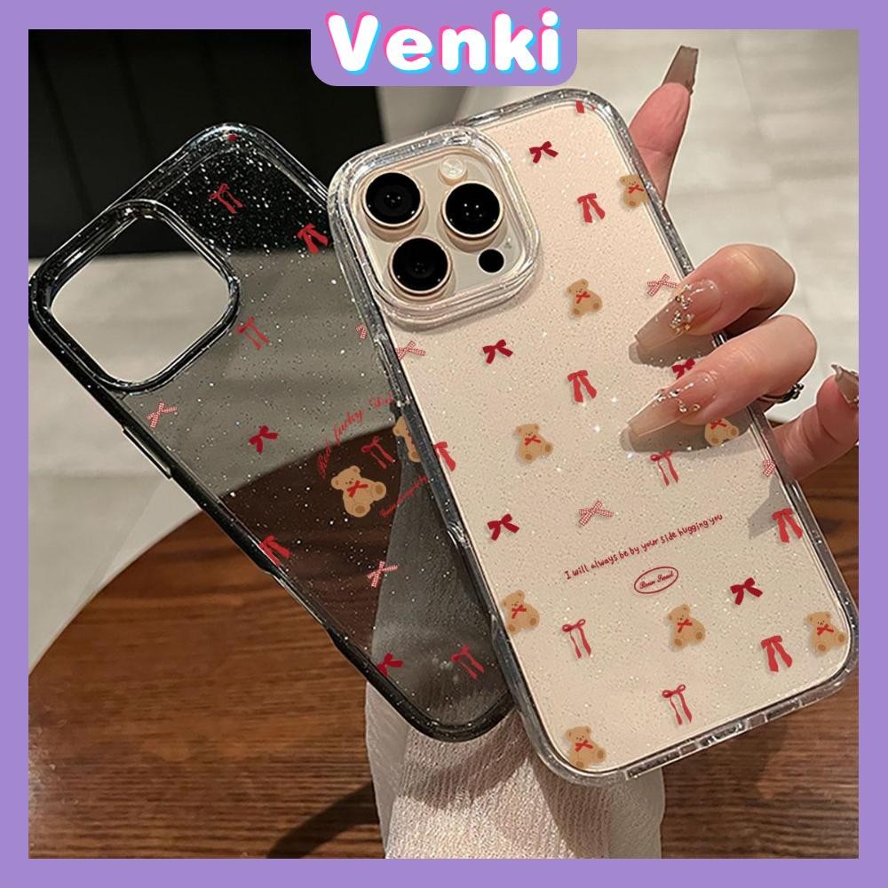 Venki - เคส iPhone 16 Pro Max iPhone 11 เคสใสแบบแวววาว TPU นุ่มสีสันสดใส หมีสีน้ำตาลน่ารักมีโบว์สีแดง Compatible iPhone15 Pro max 14 13 12 Pro max XS XR 7 Plus 8 Plus
