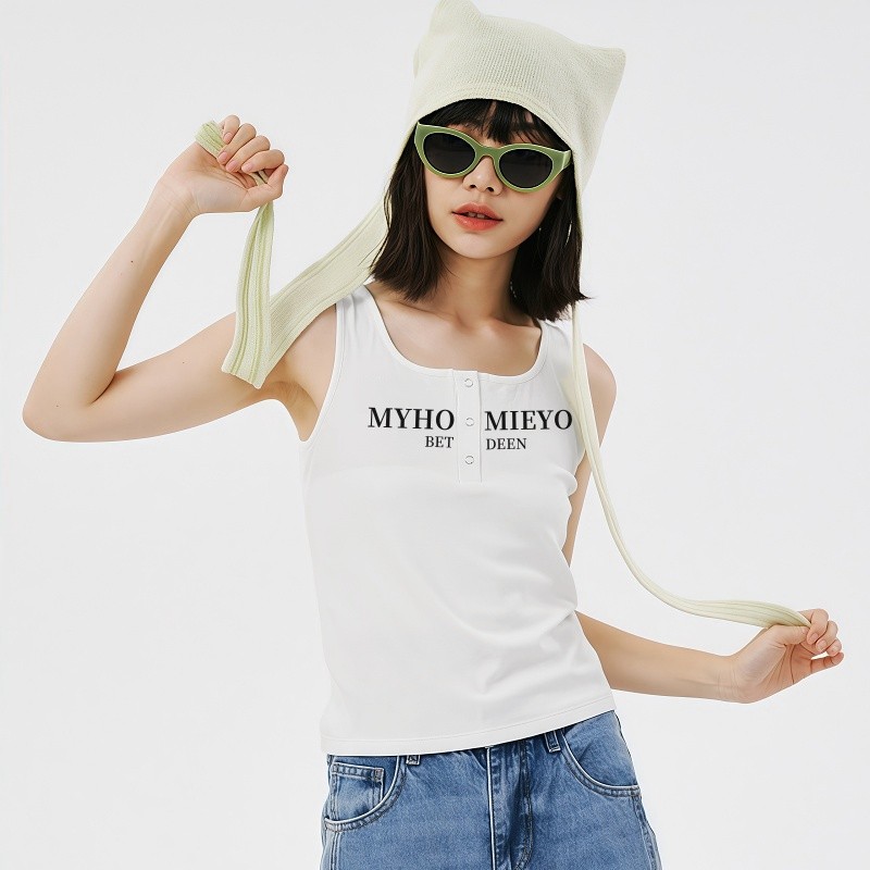 Suysuy พร้อมส่ง เสื้อแขนกุด รุ่นกระดุมครึ่งตัว สกรีนตัวอักษร สไตล์เกาหลี ผ้าคอตตอน ใส่สบายมาก