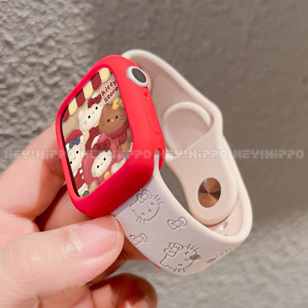 สายซิลิโคนนูน+เคสเยลลี่เหมาะสําหรับสมาร์ทวอทช์ซีรีส์ 10/9/8/7/6/5/SE/4/3KITTY ลายแมวเหมาะสําหรับ iwatch 49/46/45/44/42/41/40/38 มม.for Apple watch