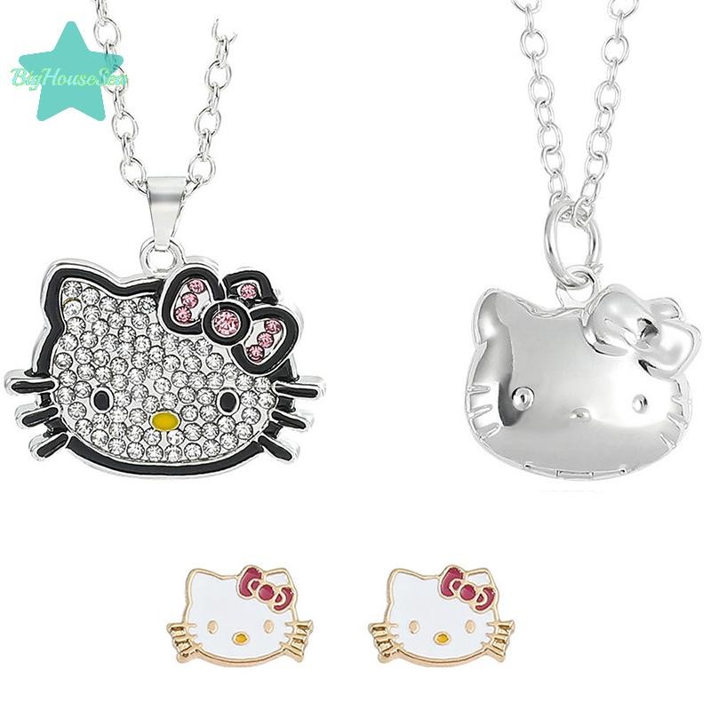 [BigHouseSea] แฟชั่น Kawaii Hello Kitty Sanrio สร้อยคอต่างหูสําหรับผู้หญิงสาวประณีตน่ารักการ์ตูน Clavicle Chain ต่างหูเครื่องประดับของขวัญใหม่