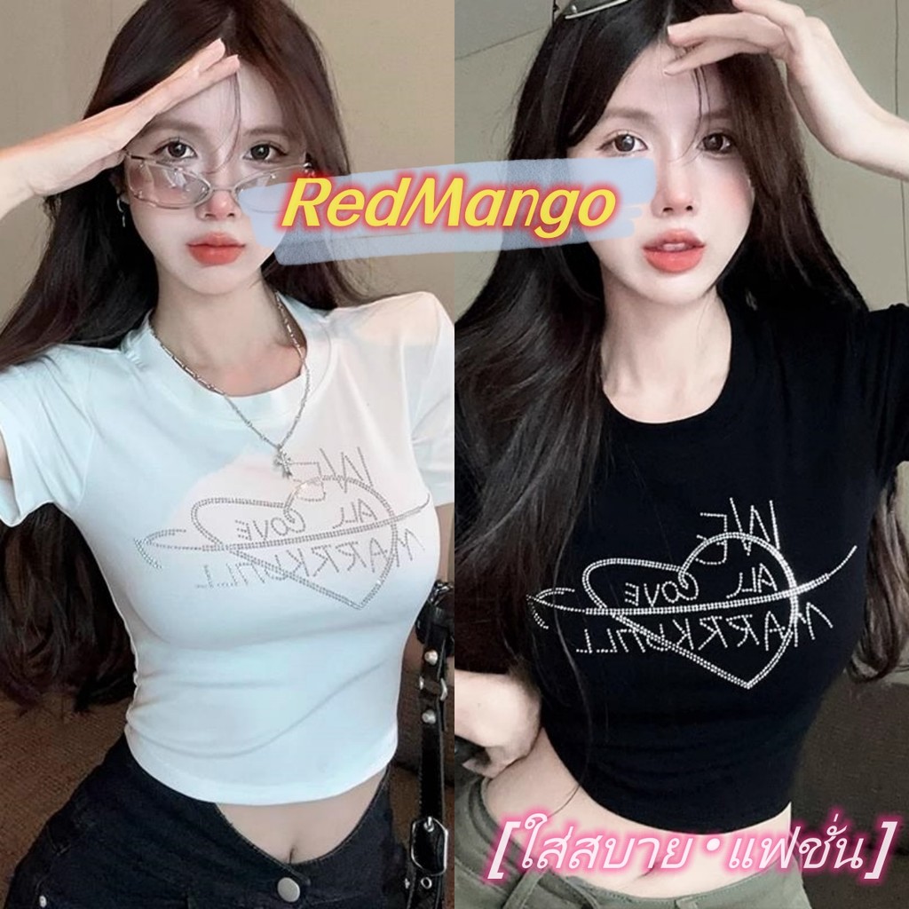 RedMango จัดส่งทันที เสื้อยืดแฟชั่น ผ้ายืดรูปทรงสวย แขนสั้นเซ็กซี่ สไตล์น่ารักสั้น ดีไซน์เพชรพิมพ์ลาย