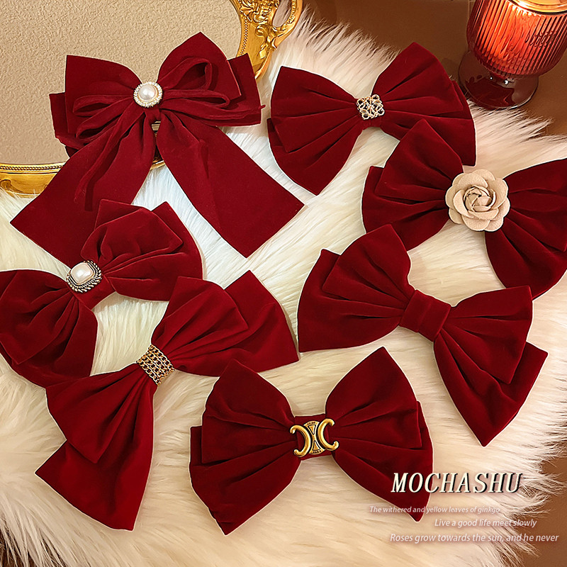 ปีใหม่สีแดงกํามะหยี่โบว์กิ๊บหญิงกลับหัวครึ่งผูกผมคลิปย้อนยุค