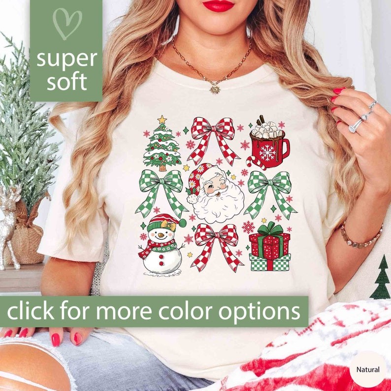 Retro Christmas Shirt Gift for Women, Christmas Checkered Tshirt, Cute Coquette Bow Christmas T Shir