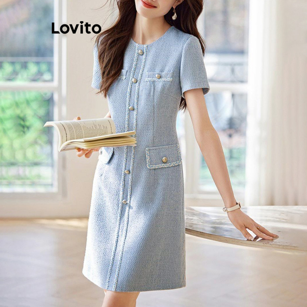 Lovito ชุดเดรสผู้หญิง มีกระดุมด้านหน้า แต่งกระเป๋าหลอก สีพื้น สไตล์หรูหรา LNE59301