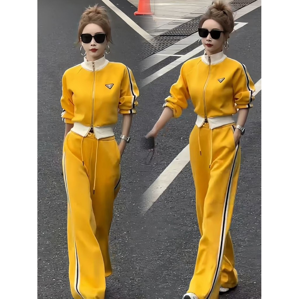 2025 ผู้หญิงกีฬาชุดลําลองซิปคู่ด้านบนกางเกงขากว้างบวกขนแกะชุดสองชิ้นขนาด: SML-XL-XXL