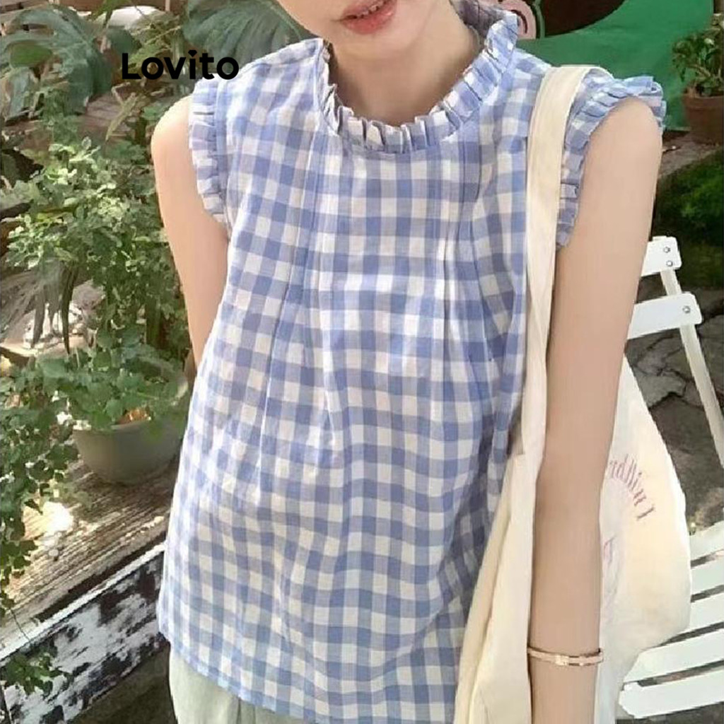 Lovito เสื้อกล้ามจีบ ลายกิงแฮมลำลองสำหรับผู้หญิง LNM79236