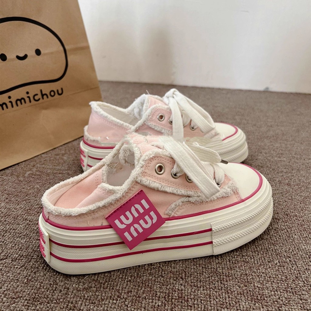 ✓รองเท้าเป่าโถว✓ สีชมพู Frayed หนา-Soled รองเท้าผ้าใบผู้หญิง 2024 ฤดูใบไม้ผลิฤดูใบไม้ร่วง 2 สวมใส่ Casual All-Match รองเท้าผ้าใบ ins สไตล์