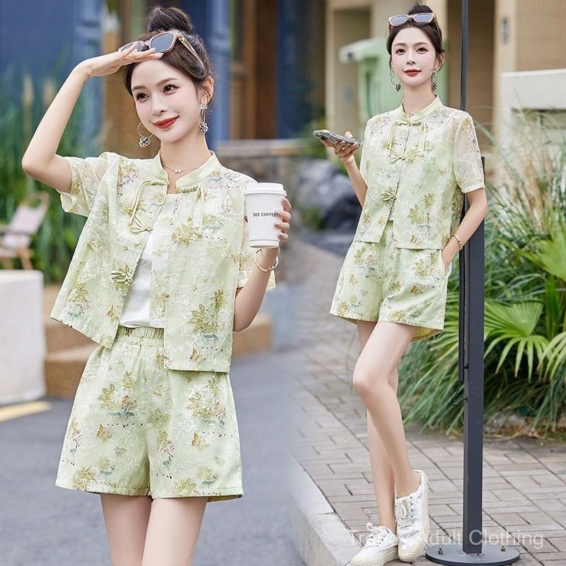 Qipao CNY Hanfu ปรับปรุงชุดกี่เพ้าขนาดใหญ่ชุดเดียว/ชุดใหม่สไตล์จีนกางเกงขาสั้นกระดุมสองชิ้นแฟชั่นฤดูร้อนสไตล์ใหม่ลดอายุปรับปรุง Hanfu ด้านบน