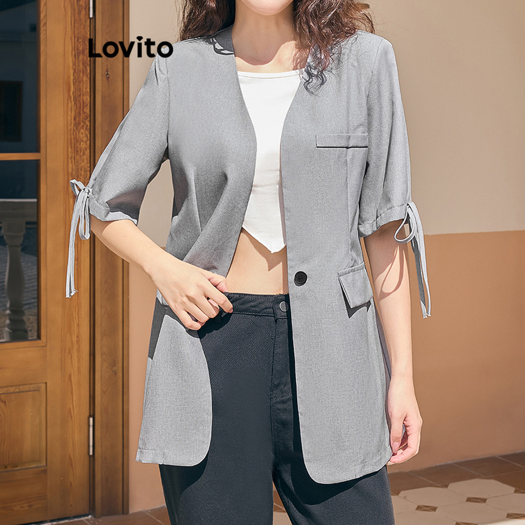 Lovito เสื้อเบลเซอร์ผูกเชือกแบบเรียบๆ สำหรับผู้หญิง L110AD450
