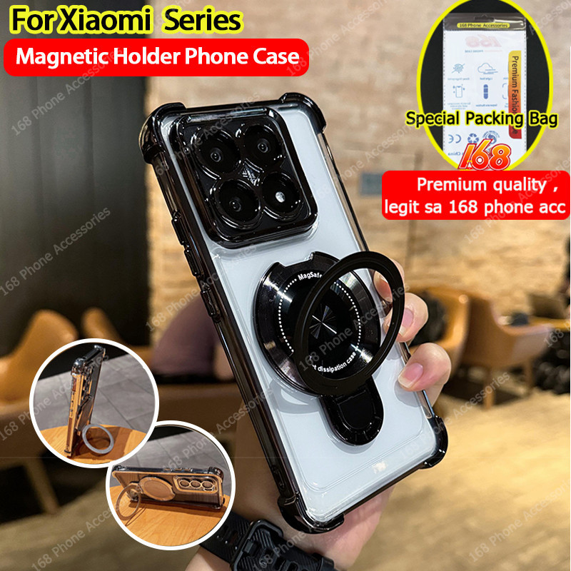 สําหรับเคส Xiaomi 14T Pro เคส Xiaomi 14T เคสใสเยลลี่กันกระแทกพร้อมแม่เหล็กที่วางโทรศัพท์ขาตั้งเลนส์กล้องหนาถุงลมนิรภัยหรูหราปกโทรศัพท์