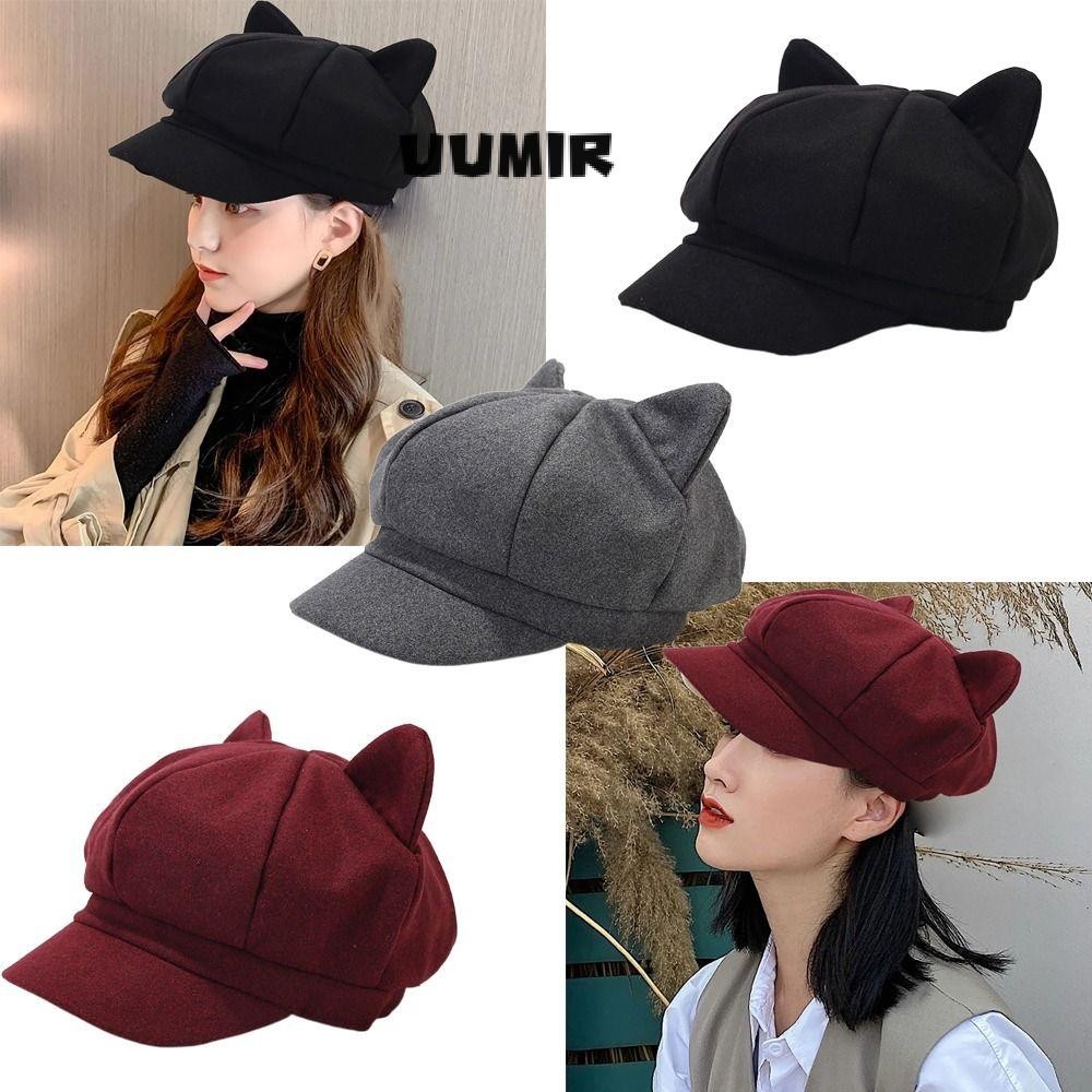 Uumir หมวกหูแมว, แฟชั่นอุ่น Beret หมวก, ฤดูใบไม้ร่วงหมวกฤดูหนาว Retro ชายคาสั้น Vintage เป็ดลิ้นผู้หญิงสุภาพสตรีสาว