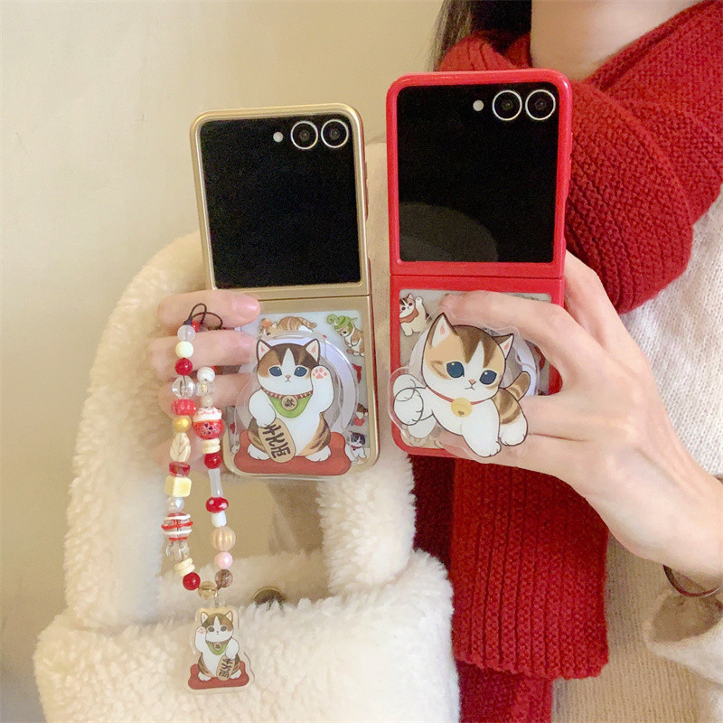 Lucky Cat แม่เหล็กไร้สาย Charge Bracket สร้อยข้อมือเคสโทรศัพท์สําหรับ Samsung Galaxy Z Flip 5 6 Z Flip6 ZFlip 6 ZFlip6 2 ใน 1 กันกระแทก